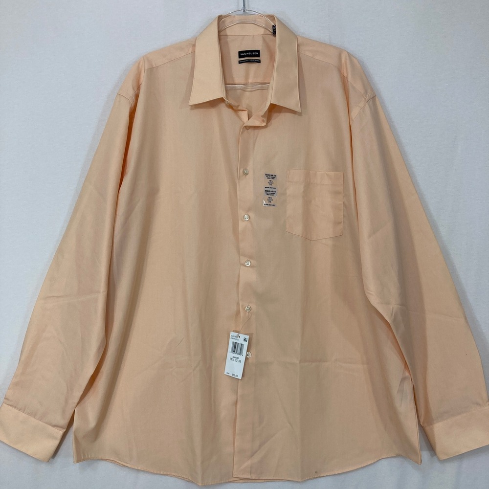 New Van Heusen Dress Shirt 2XL Peach Regular Fit Wrinkle Free Long Sleeve Office